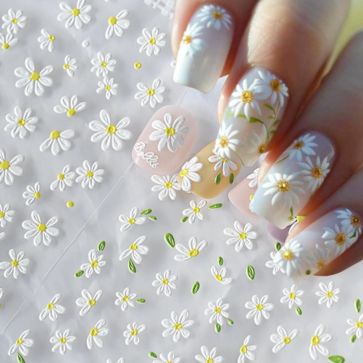 White Daisy Nail Stickers 5D Embossed Flower Nail Art Stickers Decals 4PCS Cute Daisy Floral Green Leaves Elegant Design Nail Adhesive Sliders Spring Summer Nail Art Decorations Supplies for Women