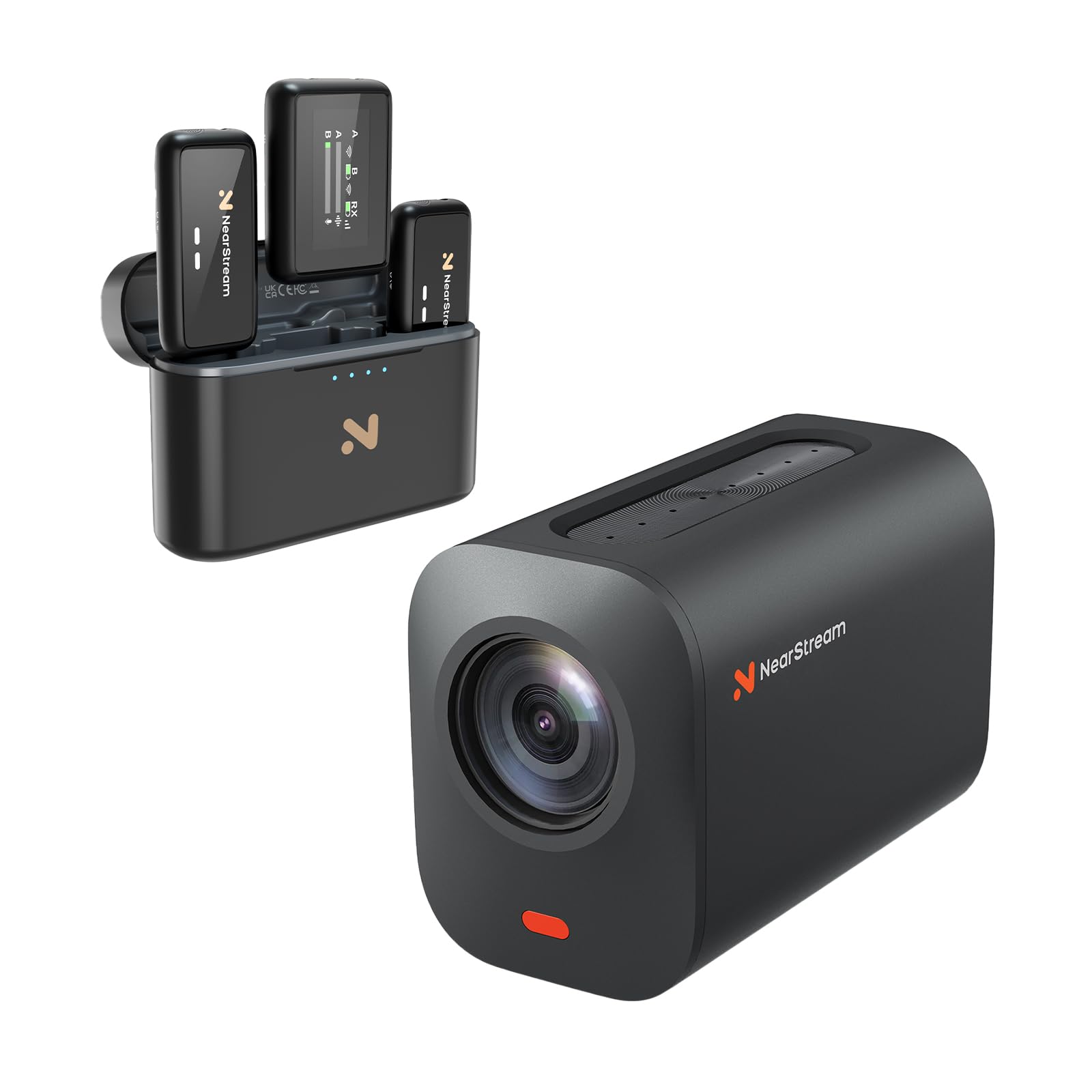 NearStream Attrezzatura Professional per interviste: telecamera VM33 2K per lo streaming e kit microfono lavalier wireless AWM20T per interviste, podcast e dirette streaming