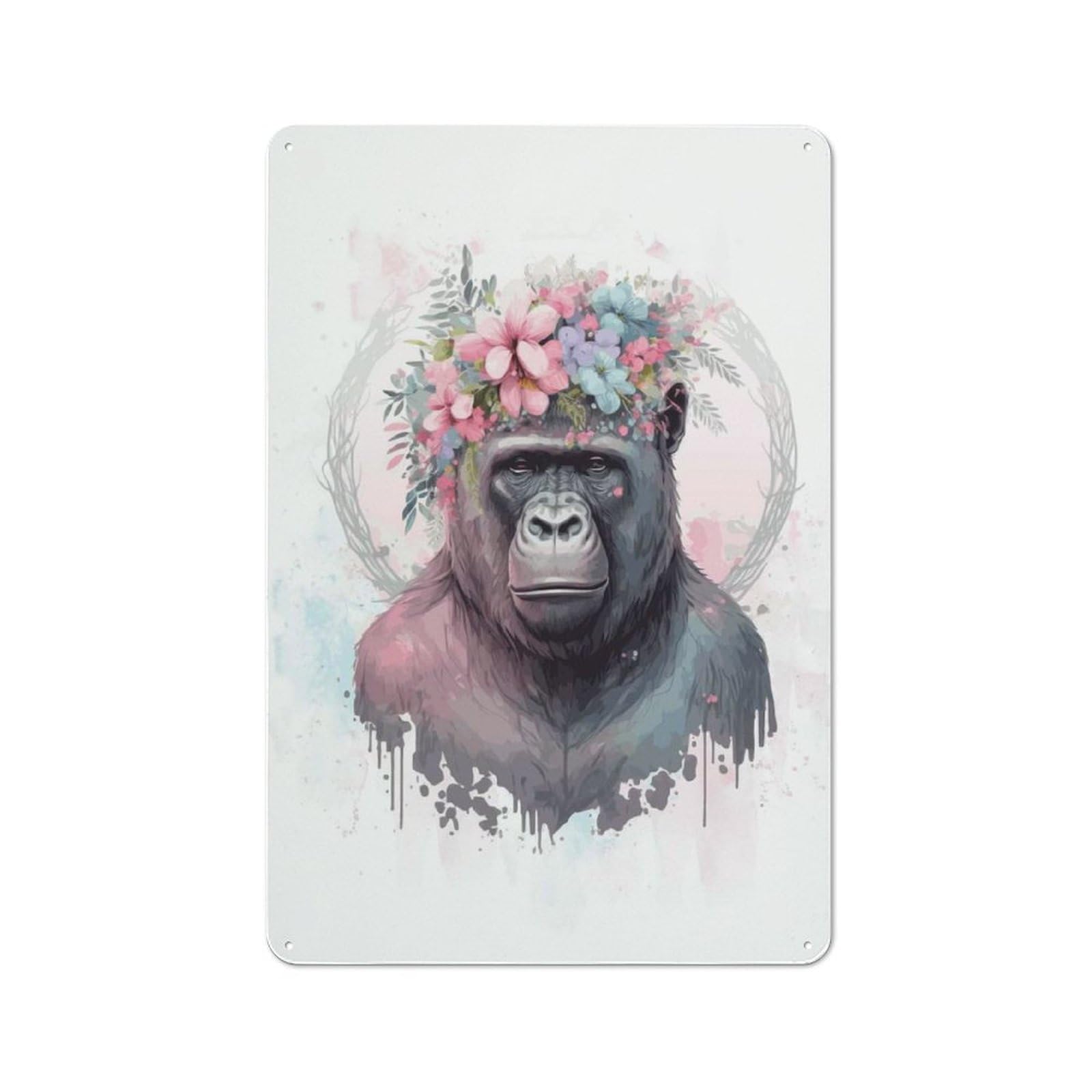 Floral Watercolor Gorilla Printed Metal Sign 30x20cm for Café Or Home Bar, Housewarming Wall Decor for People Furnishing Café And Home Bar