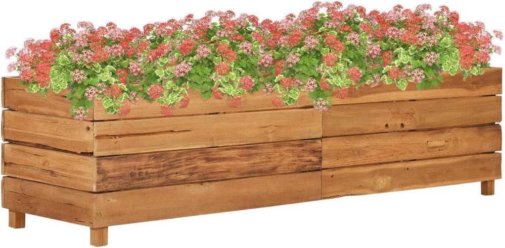 Large 59.1"x15.7"x15" Recycled Teak Wood Raised Garden Bed Rustic Brown Rectangular Elevated Planter Box with Steel Shelf for Balcony Patio Outdoor Herb Flower Vegetables