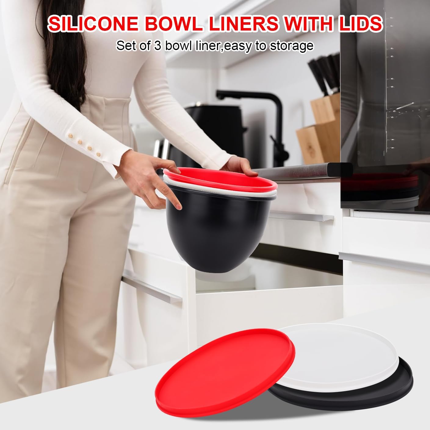 Silicone Mixing Bowl Liners Compatible with 5 Quart KitchenAid Mixers - Includes 3 Liners with Lids, Dishwasher Safe