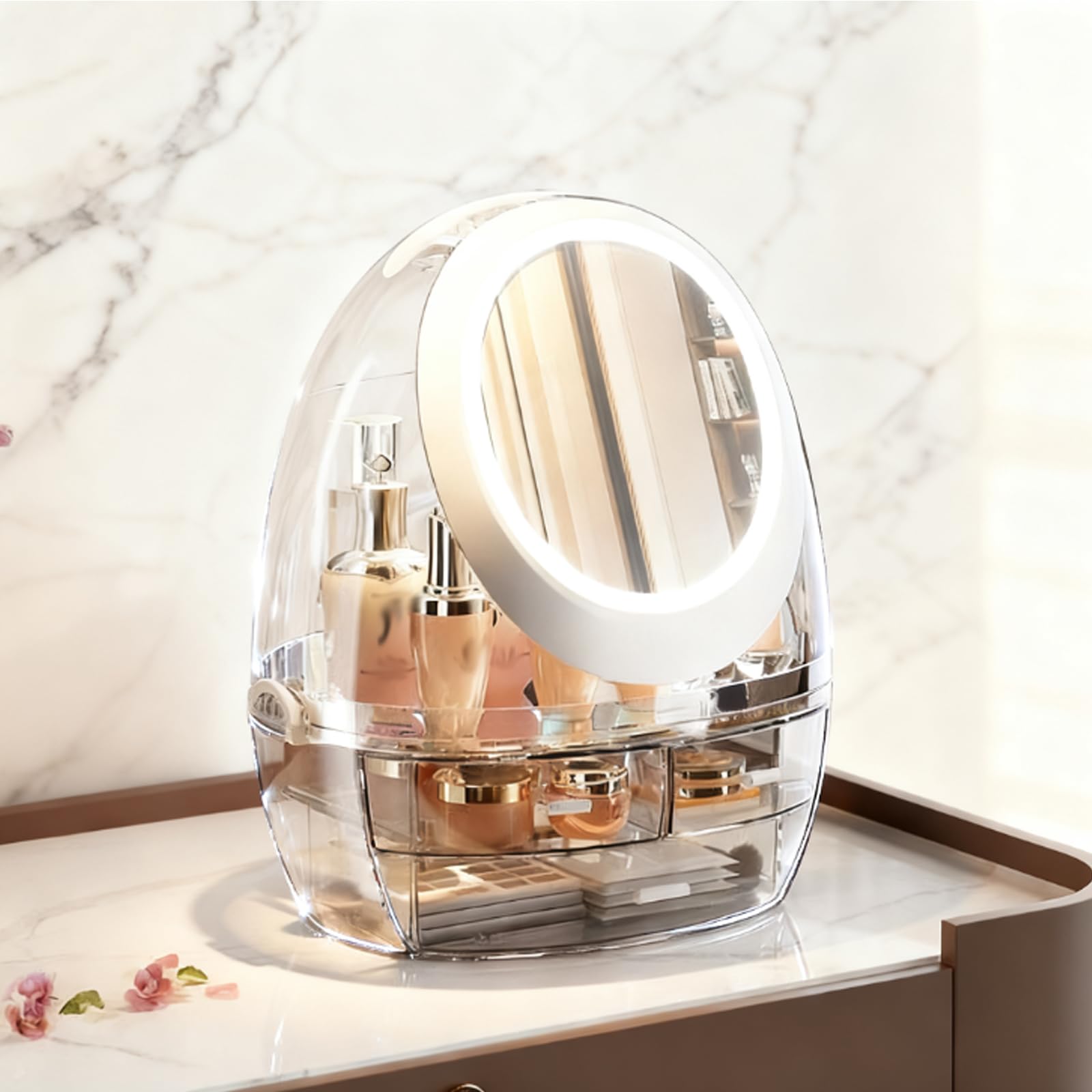 Organizzatore di trucco, organizzatore di cura della pelle con cassetti e coperchio trasparente, espositore di cosmetici per l'organizzatore di vanità e lo stoccaggio del piano di lavoro del b