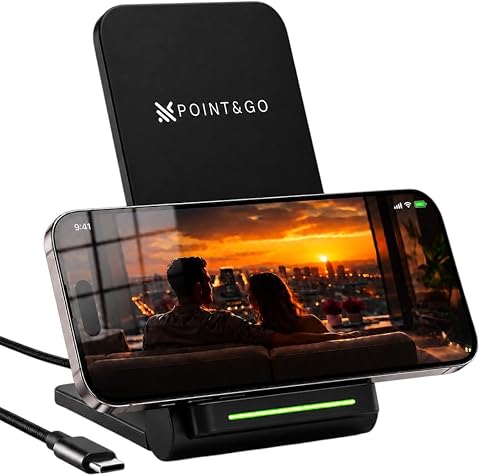 POINT&GO Cargador Inalámbrico Qi 15W MAX, Base de Carga Rápida con Cable USB-C para iPhone 16/15/14/13/12, Samsung Galaxy S25/S24/S23/S22 Google Pixel 9/8/7 y Otros Smartphones Compatibles con Qi
