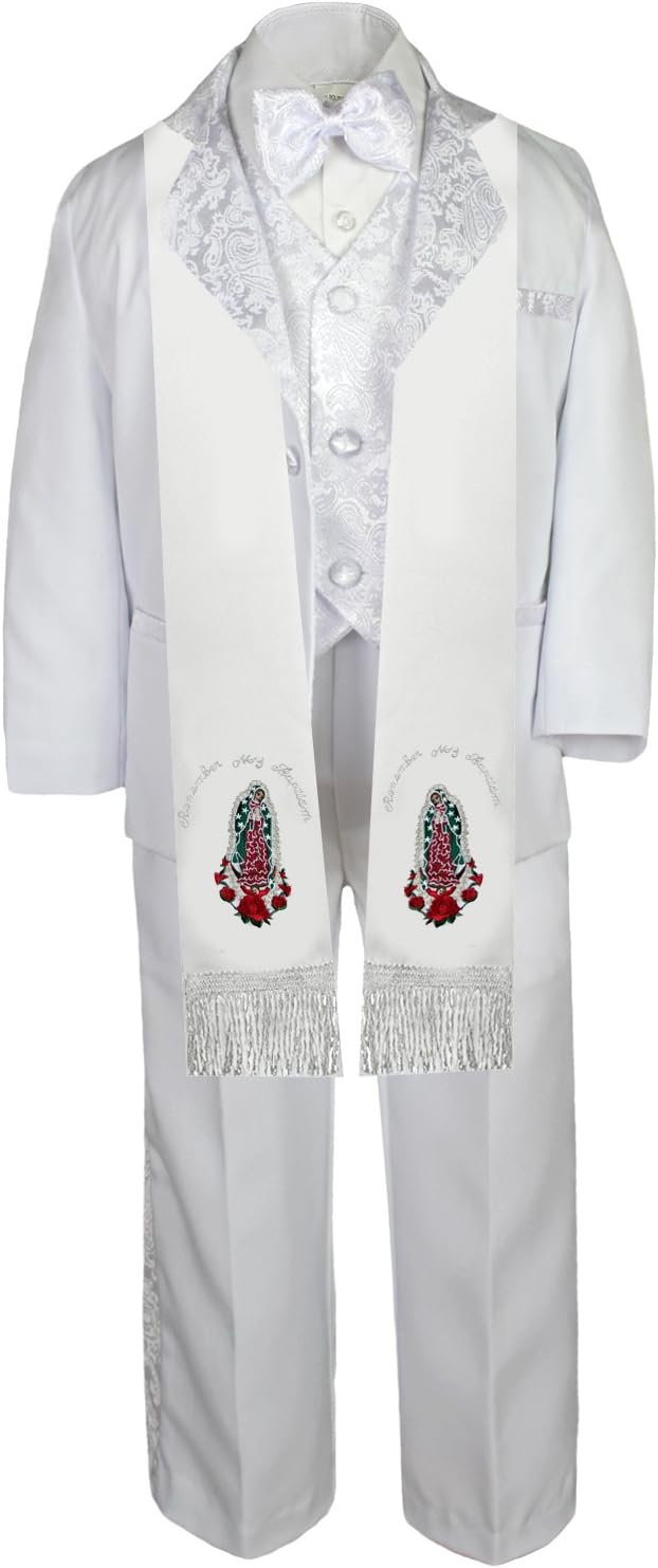 6pc Baby Boy Guadalupe Christening Baptism Formal White Paisley Suit Stole Sm-7