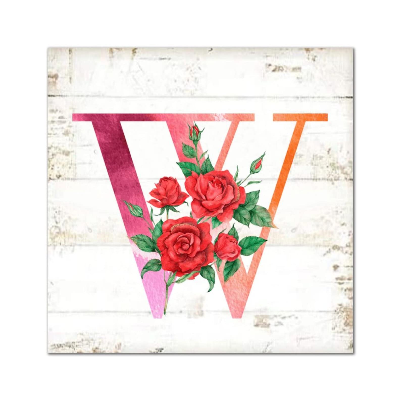 Plaque murale bois monogramme W aquarelle rouge rose 40cm