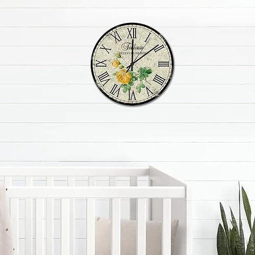 Miniatura 6 de Reloj colgante de rosas amarillas vintage de 10 pulgadas, reloj de pared de madera, silencioso, sin tictac, funciona con pilas, estilo rústico,