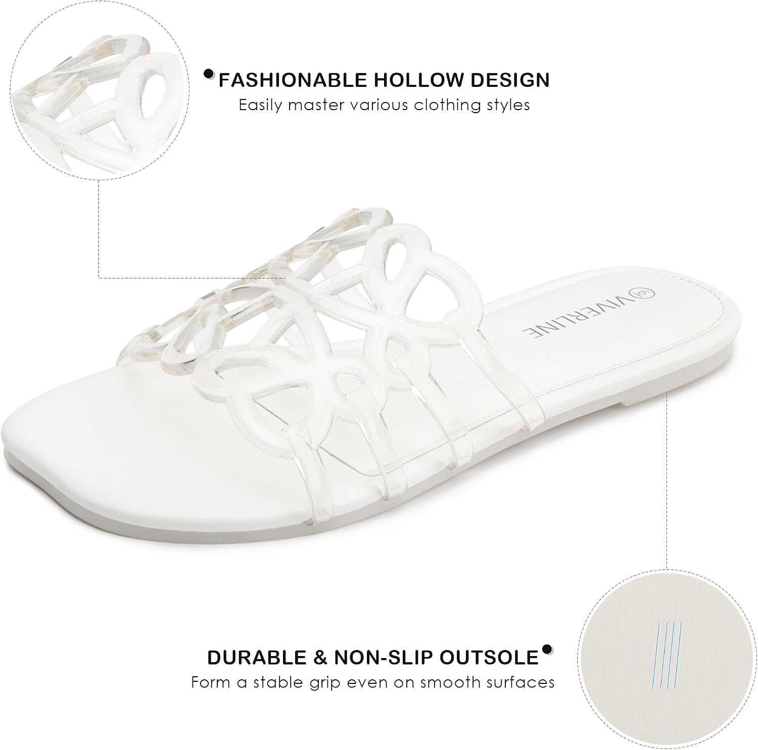 Womens Slide Sandals - Jelly Hollow Slip On Flats with Open Toe - Clear Breathable Fashion Beach Slippers for Women