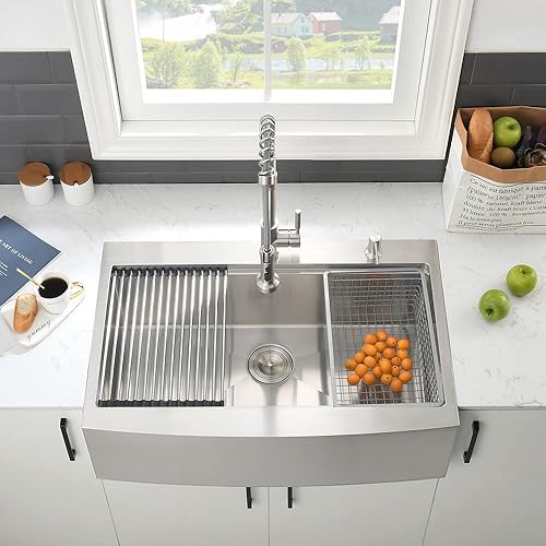 Miniatura 4 de Fregadero de cocina de 33 pulgadas con caída en el delantal de 33 x 22 pulgadas, estación de trabajo de acero inoxidable, fregadero de cocina de