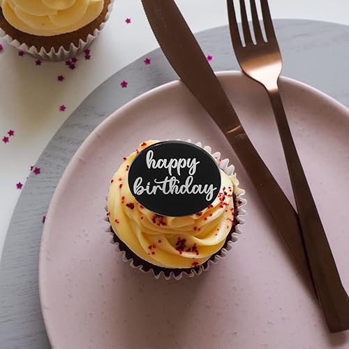 Miniatura 4 de 24 piezas de adornos acrílicos negros para cupcakes de feliz cumpleaños, espejo de disco de cumpleaños, decoración de cupcakes de cumpleaños, mini