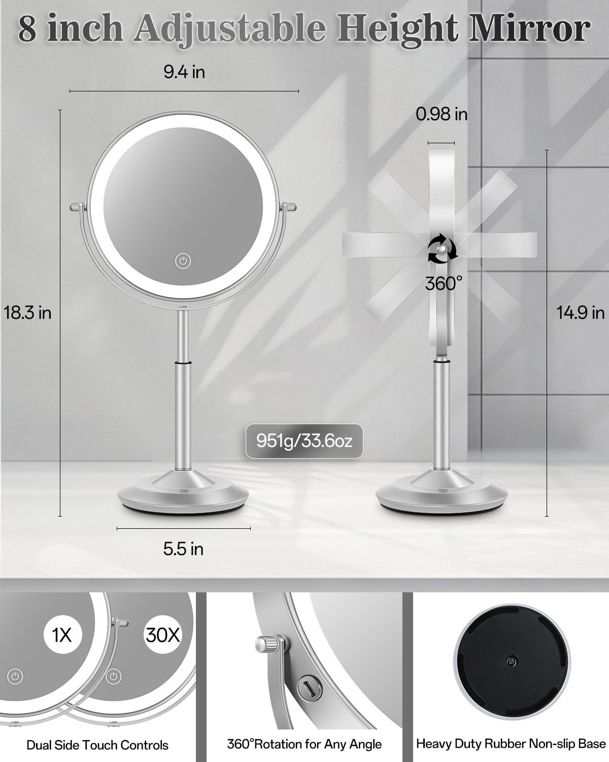 Lighted Makeup Mirror with 30X Magnification, Adjustable Height & 3 LED Lights