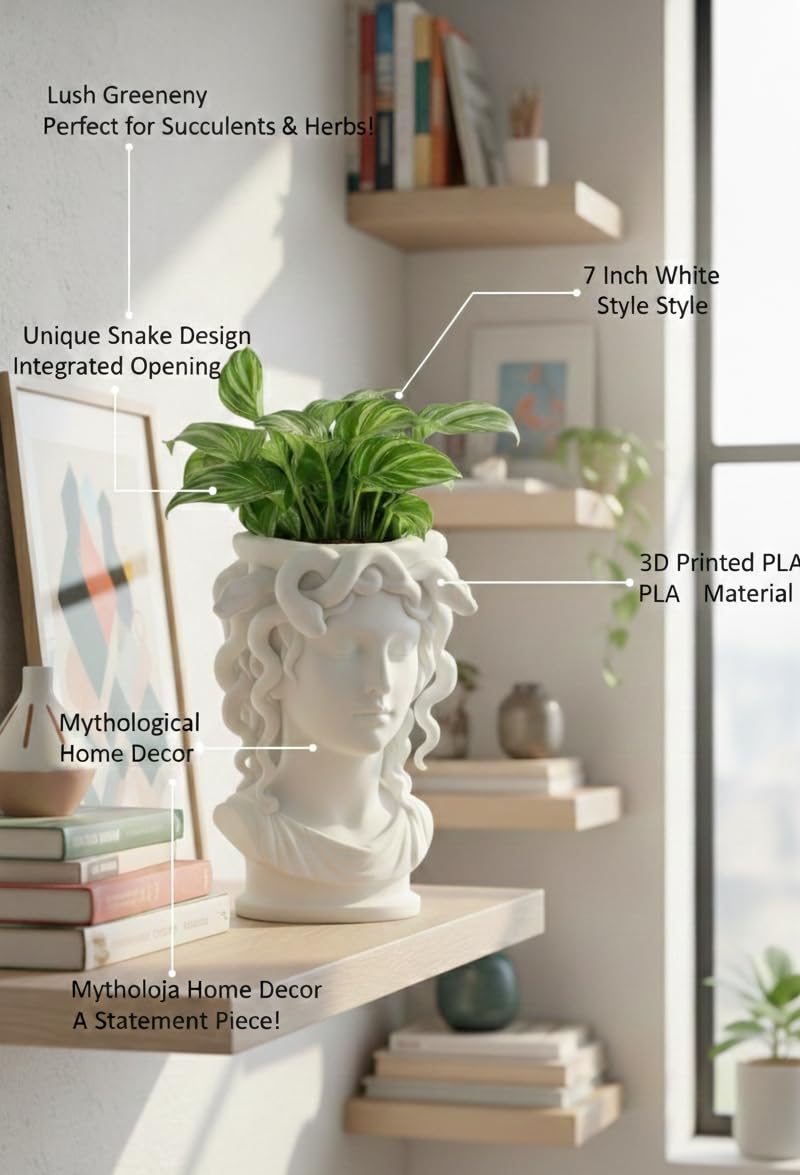 Vaso da fiori a forma di testa di Medusa, statua della dea greca, vaso estetico bianco per piante da interno, piante grasse ed edera, busto mitologico, decorazione per la casa per scaffale, scrivania