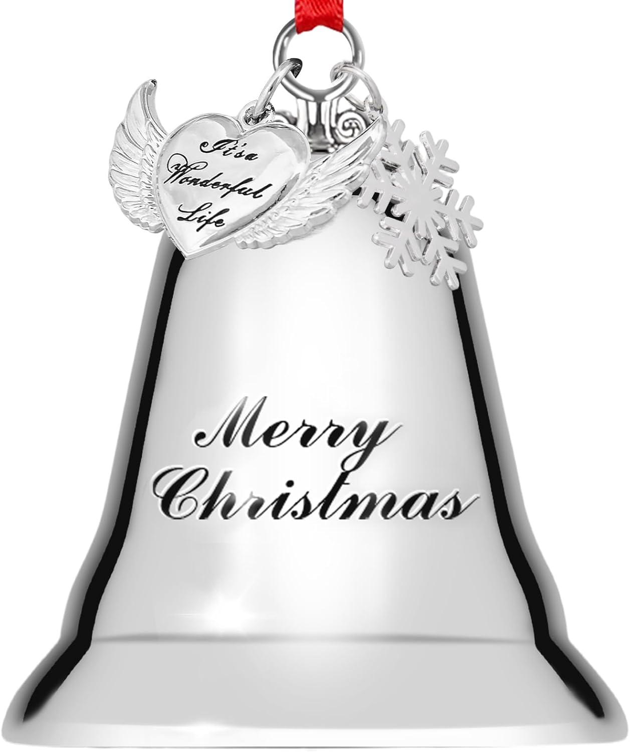 Styleonme Christmas Bells Ornament 2025 – Heart-Shaped Angel Wings with Snowflakes, Inspired by It's a Wonderful Life, Silver Holiday Decoration Bells