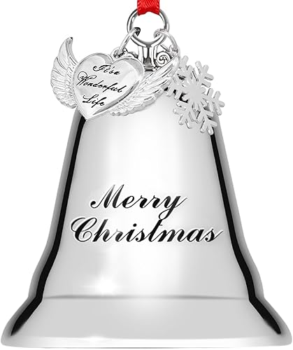 Vista 15 de Styleonme Campanas decorativas, adornos de Navidad 2025, grabadas "It's Merry Christmas" 2025, decoración de campanas plateadas con colgantes