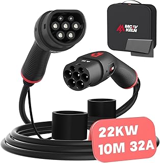 MCEVKELN Type 2 Charging Cable 22 kW for Electric Car & Hybrid Type 2 Mode 3 Charging Cable E Car - 32A | 3 Phase | 10 m Charging Cable Electric Car Type 2 EV Charger with Handbag, Black