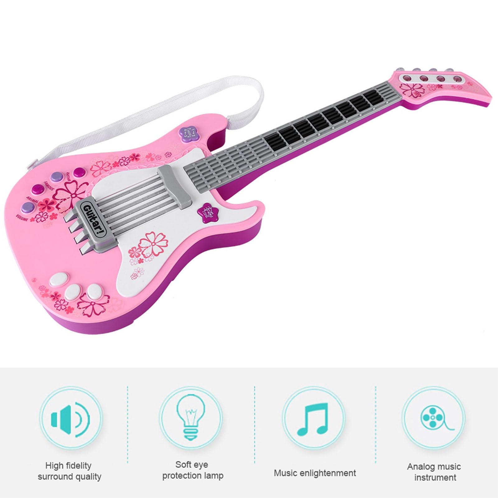 Gitara Maluchowa, Zabawka Gitarowa dla Dzieci, Wielofunkcyjna Przenośna Gitara z Paskiem, Instrument Muzyczny Różowy