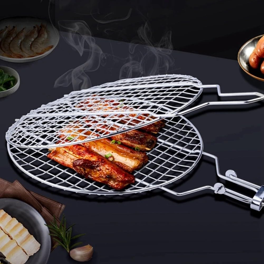 Okrągły stojak do grillowania ze stali nierdzewnej, składany, ze zdejmowanym zamykanym uchwytem, akcesoria do grillowania na zewnątrz, 55 x 28 x 1,8 cm, idealny na kemping i piknik