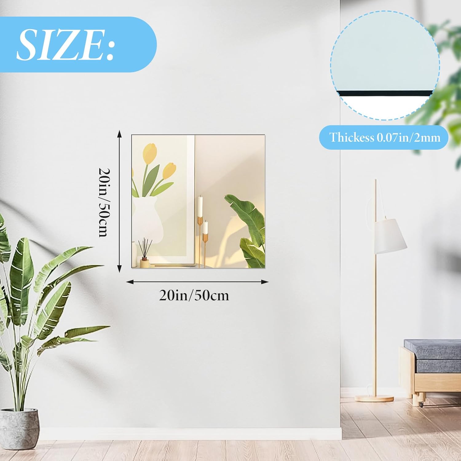 Full Length Glass Mirror Tiles 20"×20" - 3PCS, Modern Frameless Wall Mirrors for Bedroom, Living Room, Home Gym – Real Glass, HD Reflection, Easy Peel & Stick