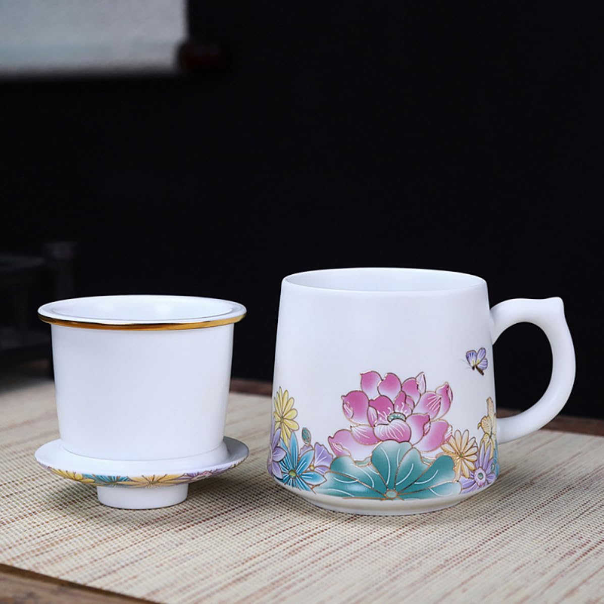 Keramik Teetasse mit Deckel und Sieb Hübscher Trinkbecher für Zuhause Leicht zu Reinigen 1 Satz Multifunktionaler Porzellan Becher für Tee und Wasser