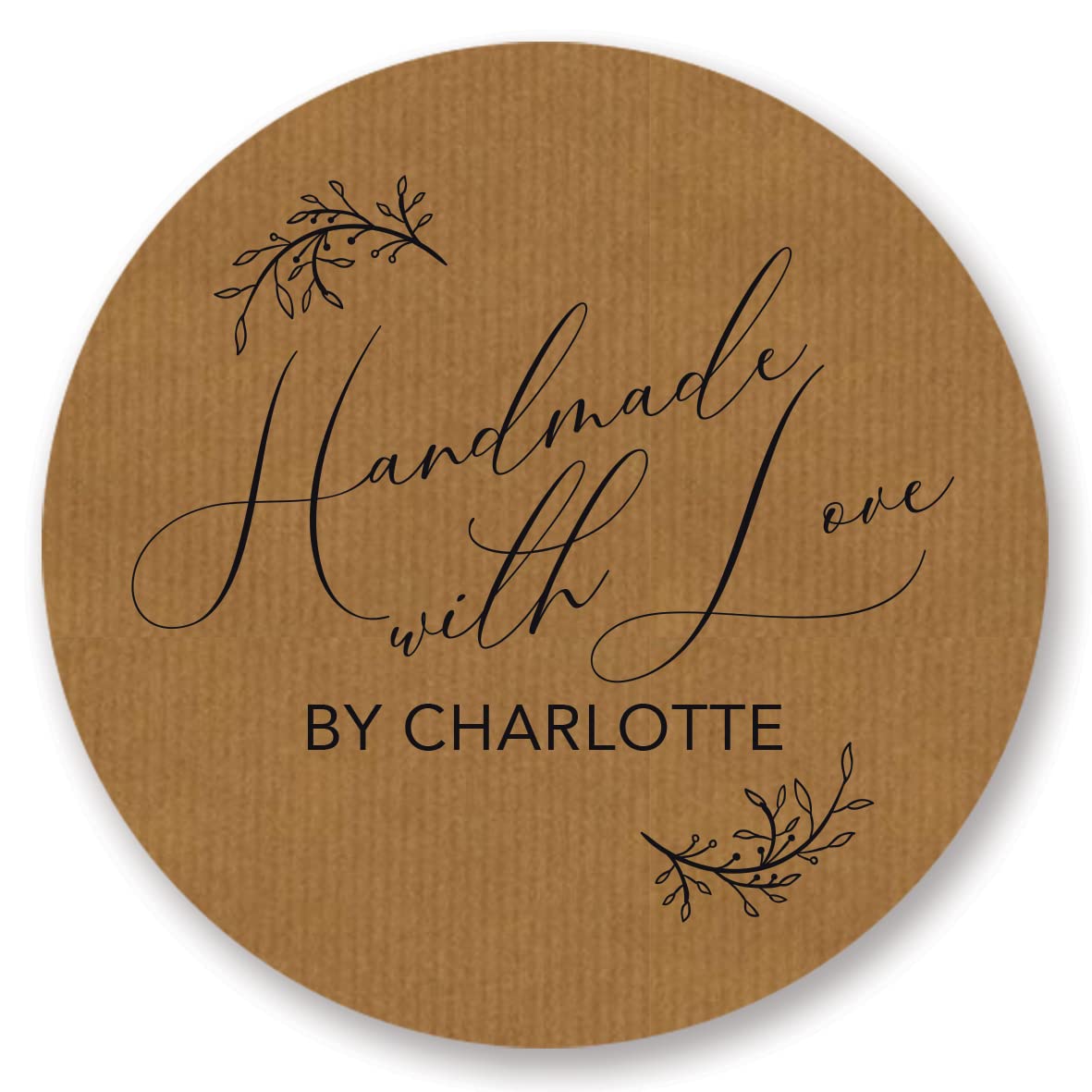 Personalised Floral 'Handmade with Love' Stickers/Labels for Crafters, Bakeries and Small Businesses (37mm (35 per Sheet), Personalised, Brown)