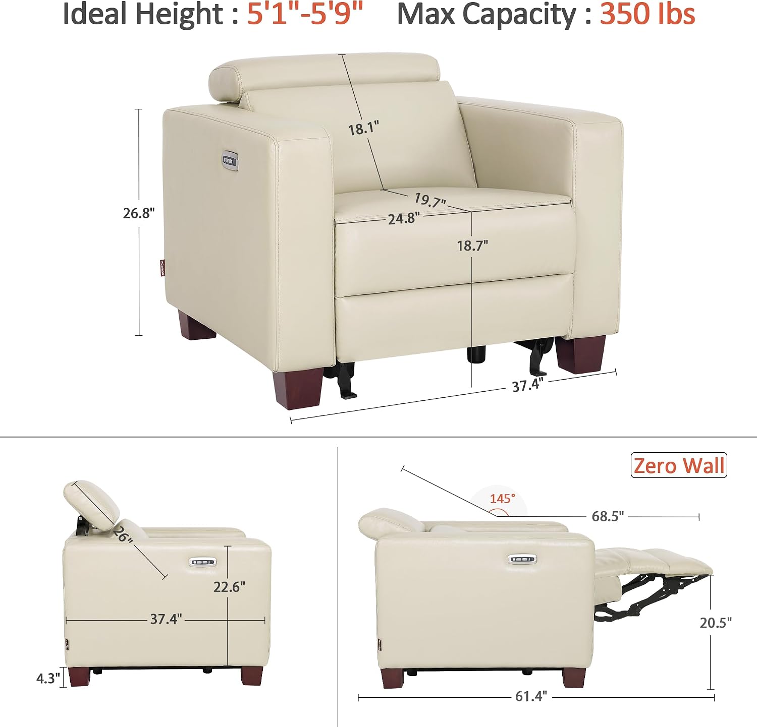 MCombo Zero Wall Recliner Chair, Wall Hugger Power Recliner Chair with Adjustable Headrest, High Wood Leg, USB & Type C Dual Charge Ports, for Living Room, Small Spaces, HL128 (Faux Leather, Beige)