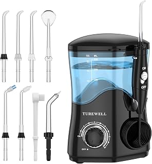 TUREWELL Water Dental Flosser for Braces & Teeth - 8 Jet Tips, 10 Pressure Levels, 600ml Tank Oral Irrigator (Black)
