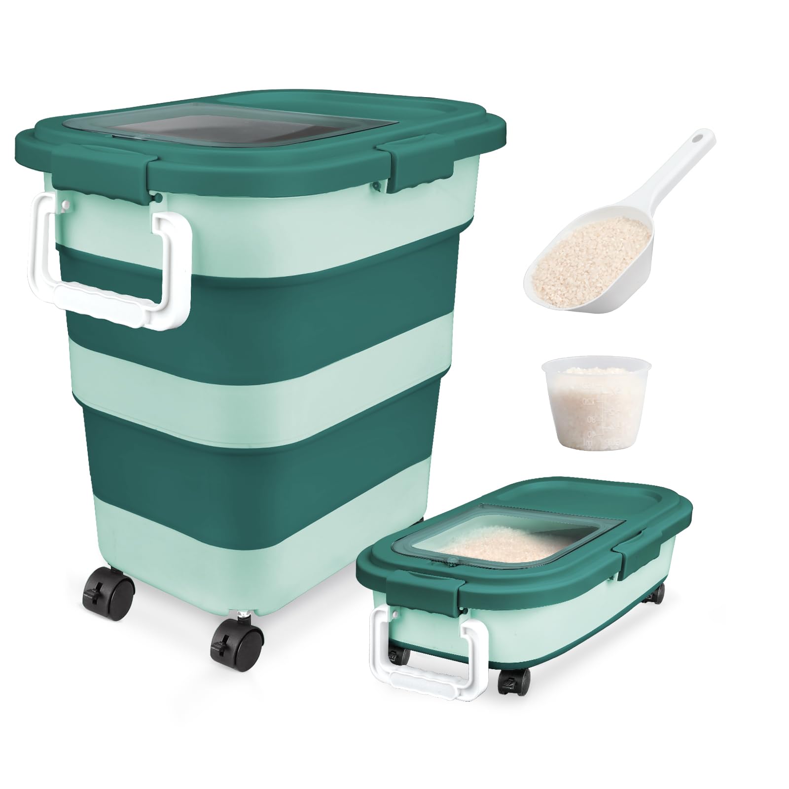 Komzon Rice Storage Container, Collapsible Airtight 10-40 Lb Rice Storage Container, 25lb Pet Dog Food Storage Container, Rice Dispenser Bin with Cup and Scoop for Flour Cereal Pasta Grain, Cat Bird