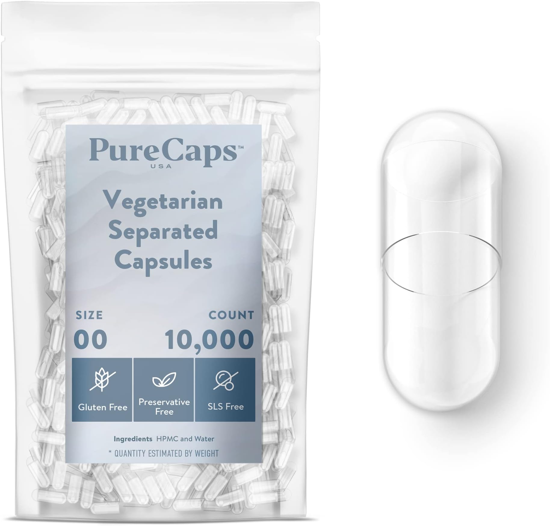 PureCaps USA - Empty Vegetarian and Vegan Pill Capsules Size 00| 10,000 Separated Pills| Clear | Non-GMO Certified | SLS, Gluten, Preservative Free