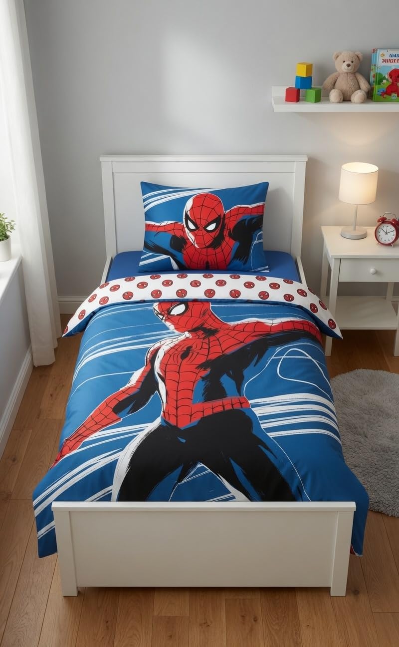 Parure de lit pour berceau Spiderman 100x135 cm + Taie d'oreiller 40x60 cm, 100% coton | Ensemble de literie pour bébé style phosphorescent parfait pour les enfants | Parure de lit pour berceau