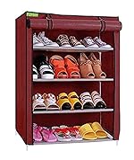 FLIPZON Multipurpose 4-Tiers Shoe Rack with Dustproof Zip Cover, Multiuse Wide Space Storage Rack made by Non Woven Fabric for footwear, Toys, clothes (4 Shelves) (Maroon), Plastic Non Woven, Cm