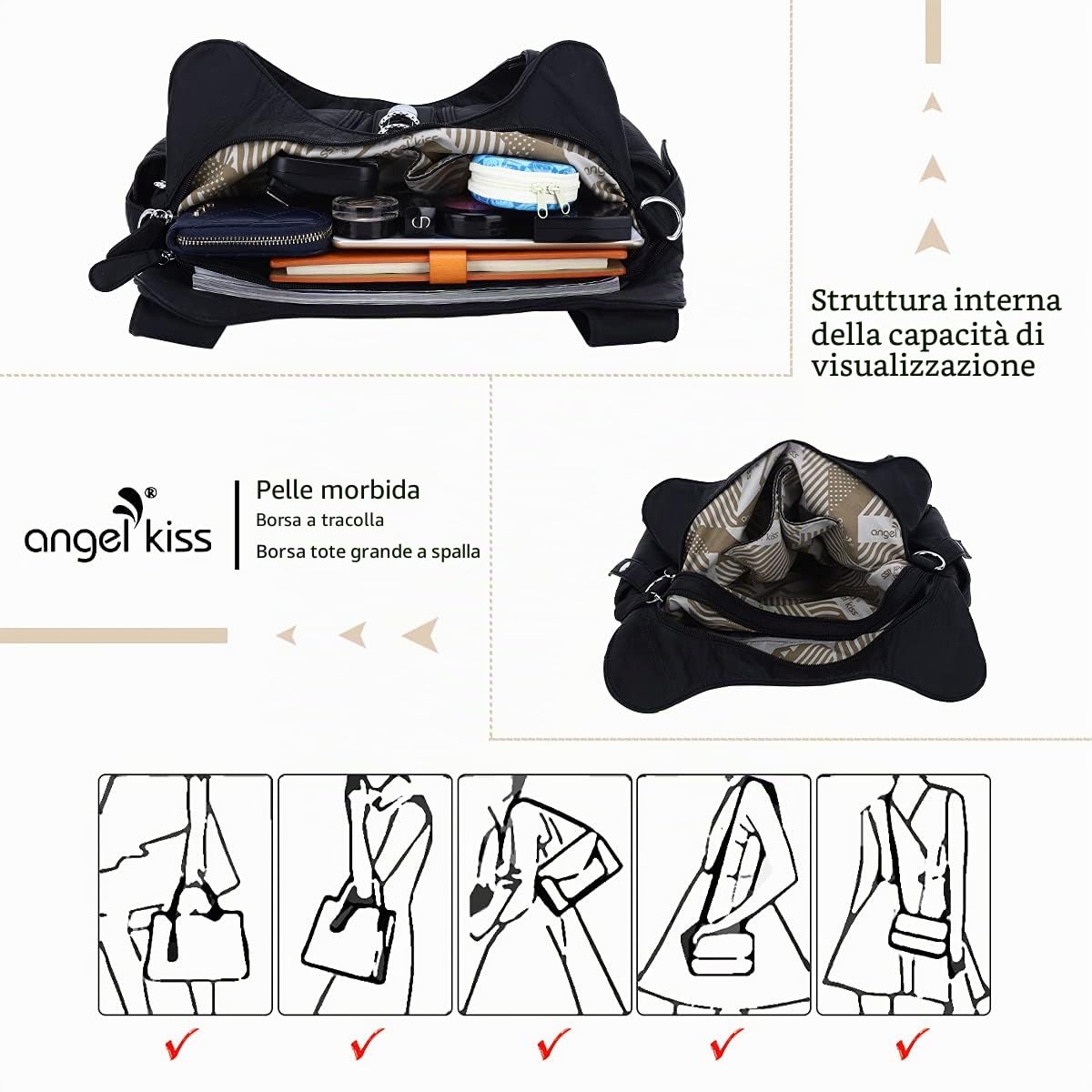 Angelkiss Women Multiple Pockets Purses and Handbags Washed Leather, Two Top Zippers Closure