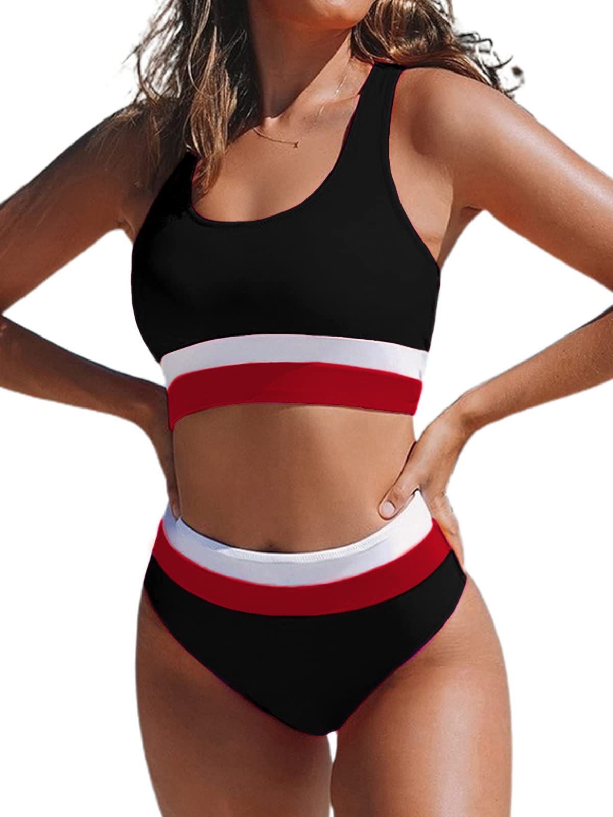 Hilinker Women's High Waisted Bikini Cut Out Sports Crop Top Color Block Swimsuit