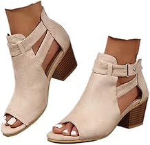 SACFOF Damen Peep Toe Booties ausgeschnittener Seitenriemen Mid Black Chunky Heel ausgeschnittene Sandalen Kn&ouml;chel Bootie mit Rei&szlig;verschluss hinten