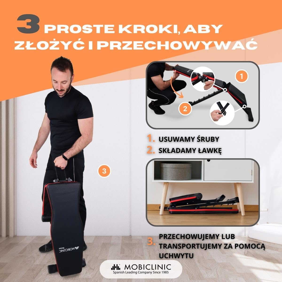 Mobiclinic® fitness, Ławka treningowa, Składana, Udźwig 200 kg, Regulowane siedzisko i oparcie, Flexfit, Wielofunkcyjna, Trening całego ciał, Mocna stabilna, Domowa łownia