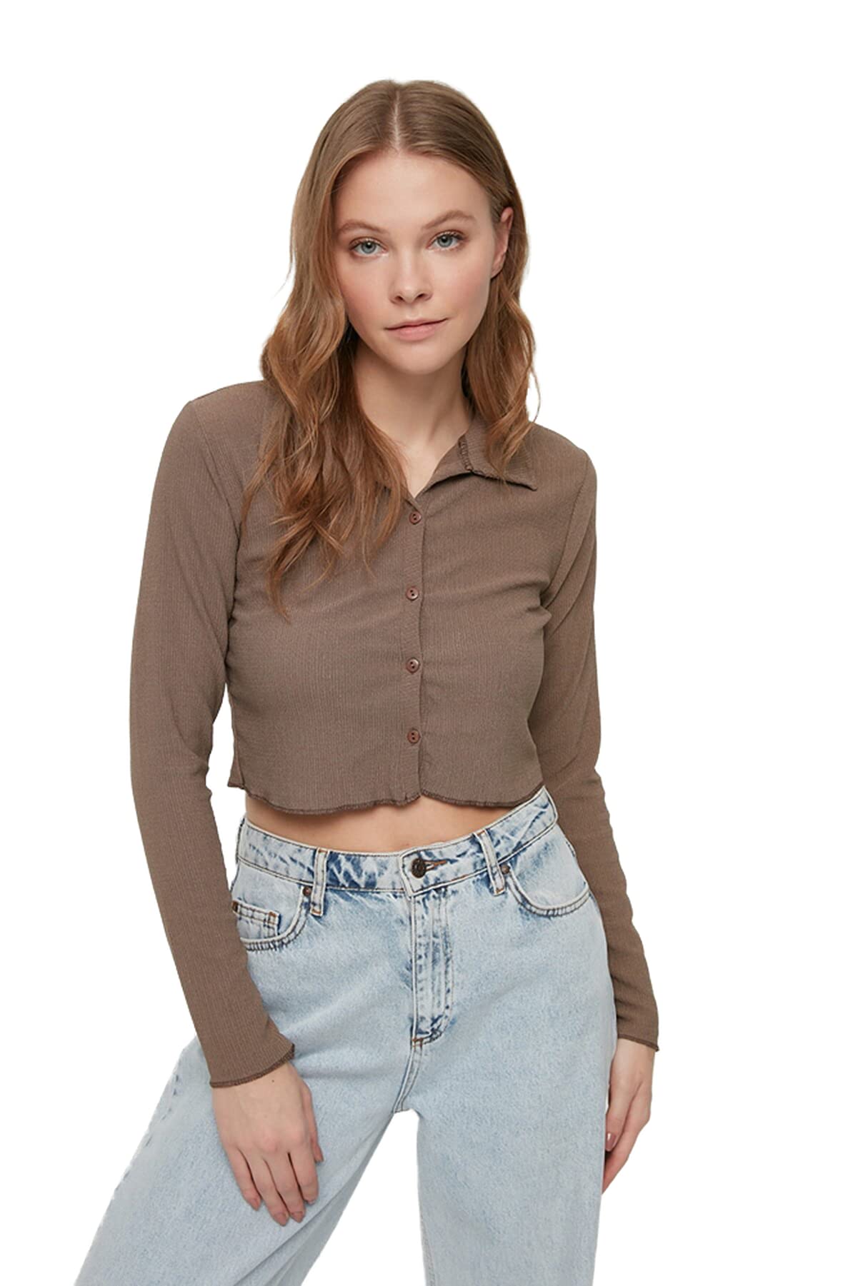 Trendyol Women Regular Basic Polo Neck Knit Blouse Brown