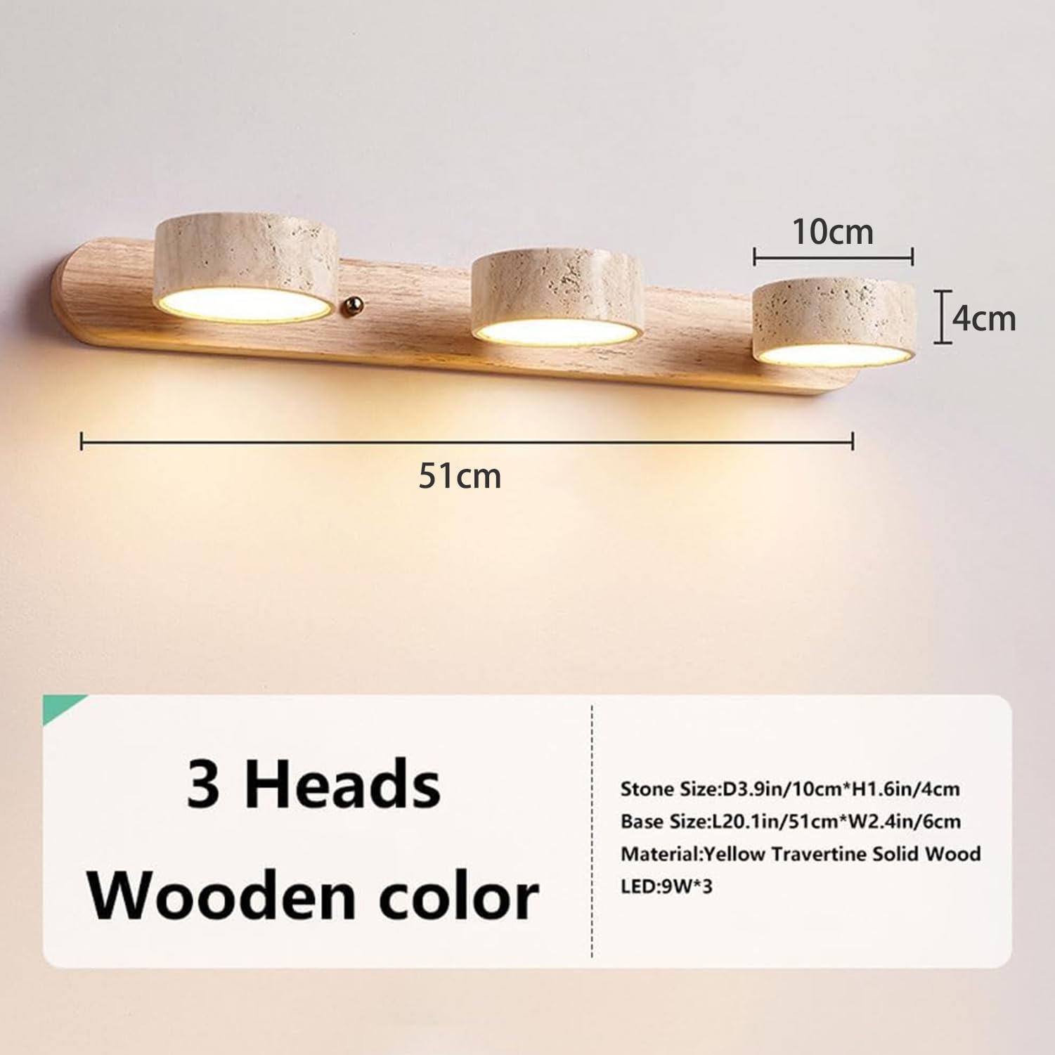 LED Spiegelleuchte aus Travertin, dimmbar mit drehbarem Schirm für Bad & Make-up im Landhausstil (Naturholz, Ø51cm, Warmweiß)