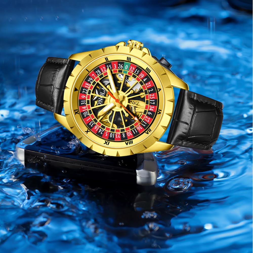 Orologio meccanico automatico da uomo con quadrante rotante oscillante e cinturino in vera pelle impermeabile di lusso