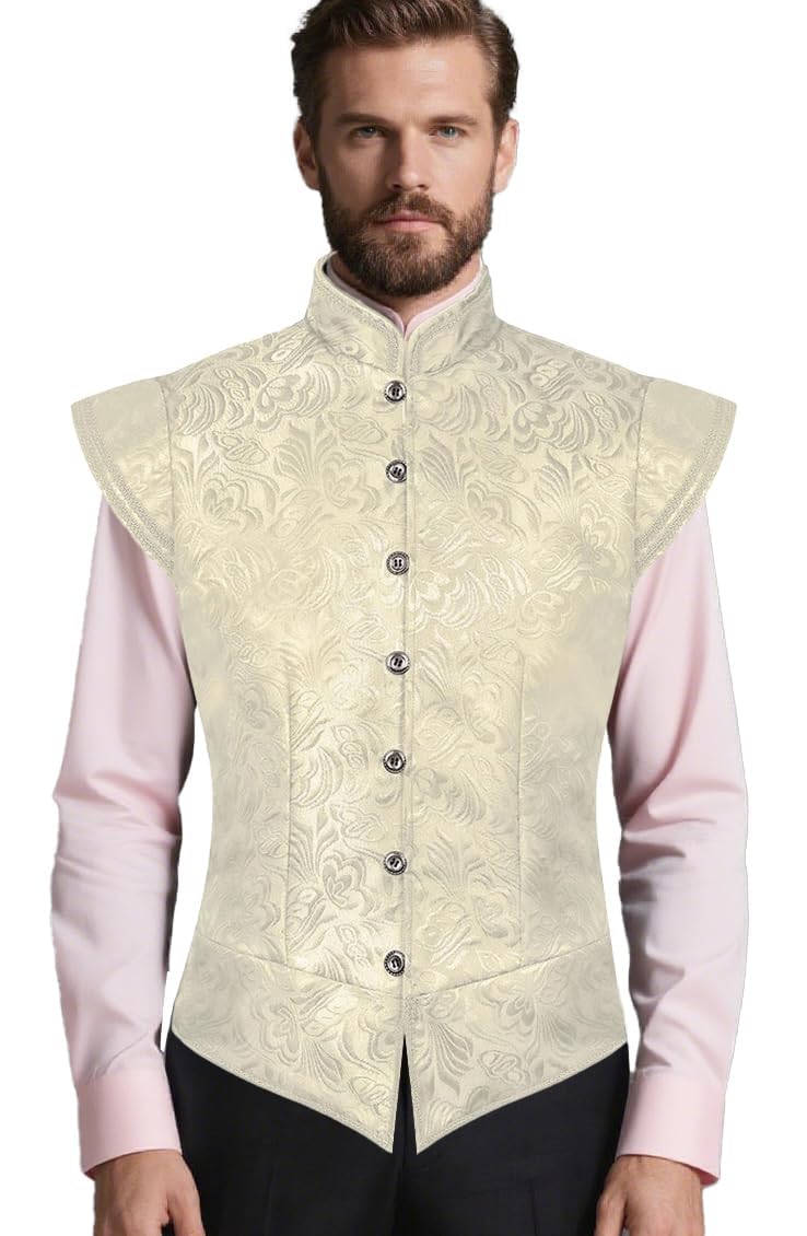 Victorian Renaissance Gothic High Neck Vest Floral Jacquard Pattern Button Front Waistcoat Medieval Style