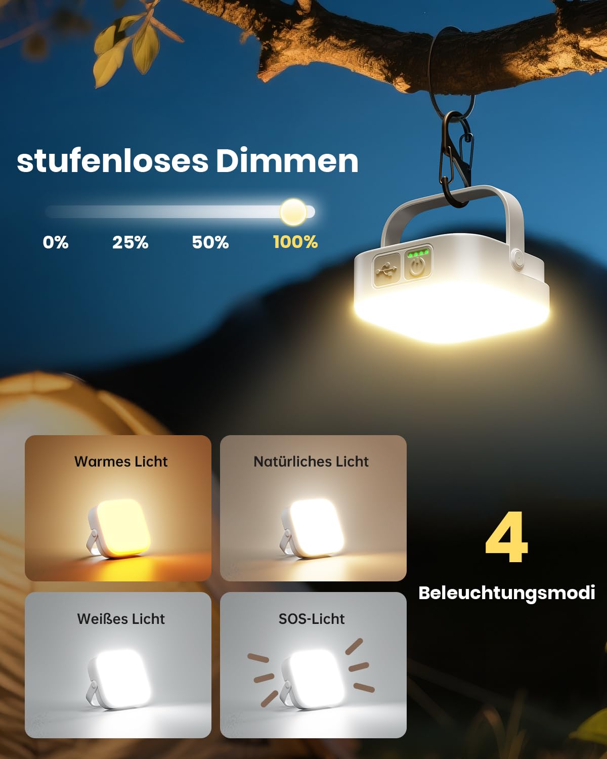 Eventek Campinglampe 4000LM, 10000mAh LED Outdoor Camping Licht Bis zu 100+Stunden & 4 Modi, IP65 Wasserdicht Tragbar Aufladbar Zeltlampe für Camping, Stromausfälle, Wandern, Notfall, 1 Stück Solar