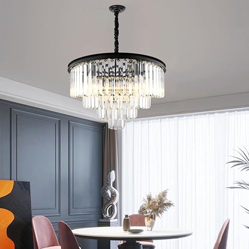 Miniatura 4 de CRYSTOP Modern 4-Tier Luxury K9 Cyrstal Chandelier for Dining Room, Black Flush Mount Ceiling Pendant Light Fixture for Foyer Entryway High Ceilings