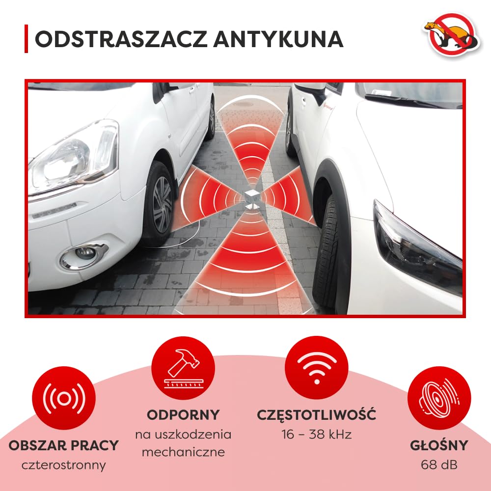 ANTYKUNA Hermetyczny odstraszacz kun STRONG 230V – 4-stronny ultradźwiękowy odstraszacz na stopce 7 cm do parkingów, samochodów, kamperów, maszyn, poddaszy | działa na kuny, łasice, myszy i szczury