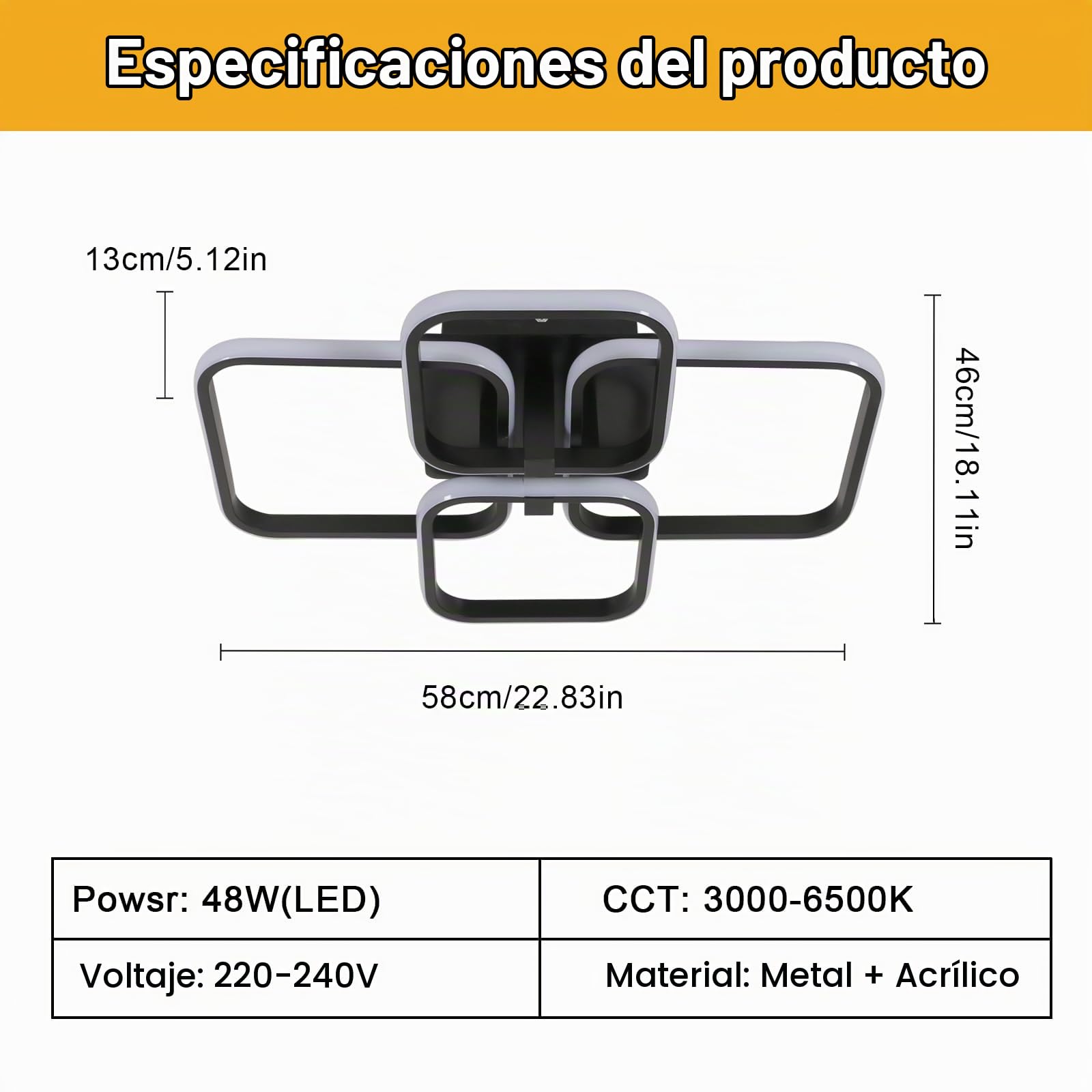 Comely Lampara Techo, 48W 5400LM Plafon LED Techo Regulable con Mando Negro | Plafones Moderno Rectangular para Salón, Dormitorio, Comedor, 3000-6500K