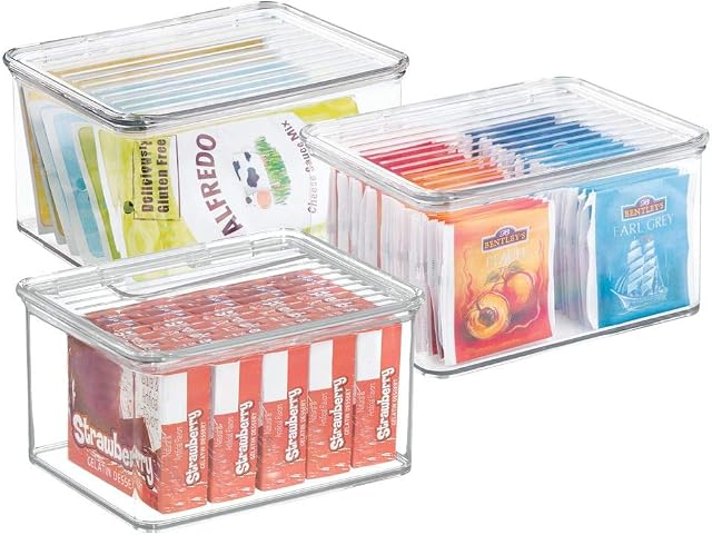 mDesign Storage Boxes with Lid - Set of 3 - Ideal Kitchen and Refrigerator Boxes - Practical Plastic Household Boxes for Tables and Cabinets - Clear