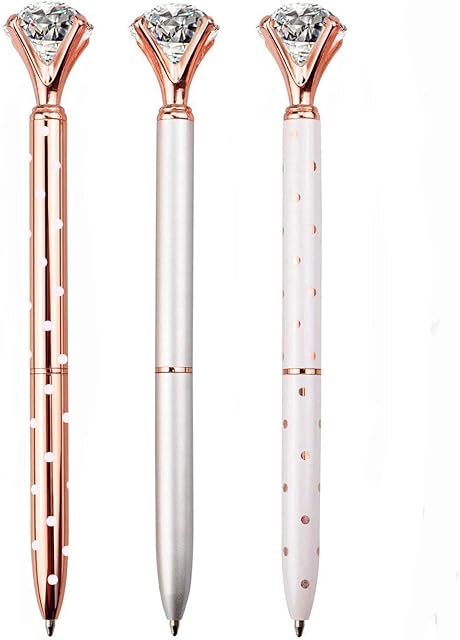 Diamond Pen Rose Gold Pen Crystal Ballpoint Pens Bling Metal Ballpoint Pen Office Supplies Black Ink Includes Extra Pen Refills (3 Pack)