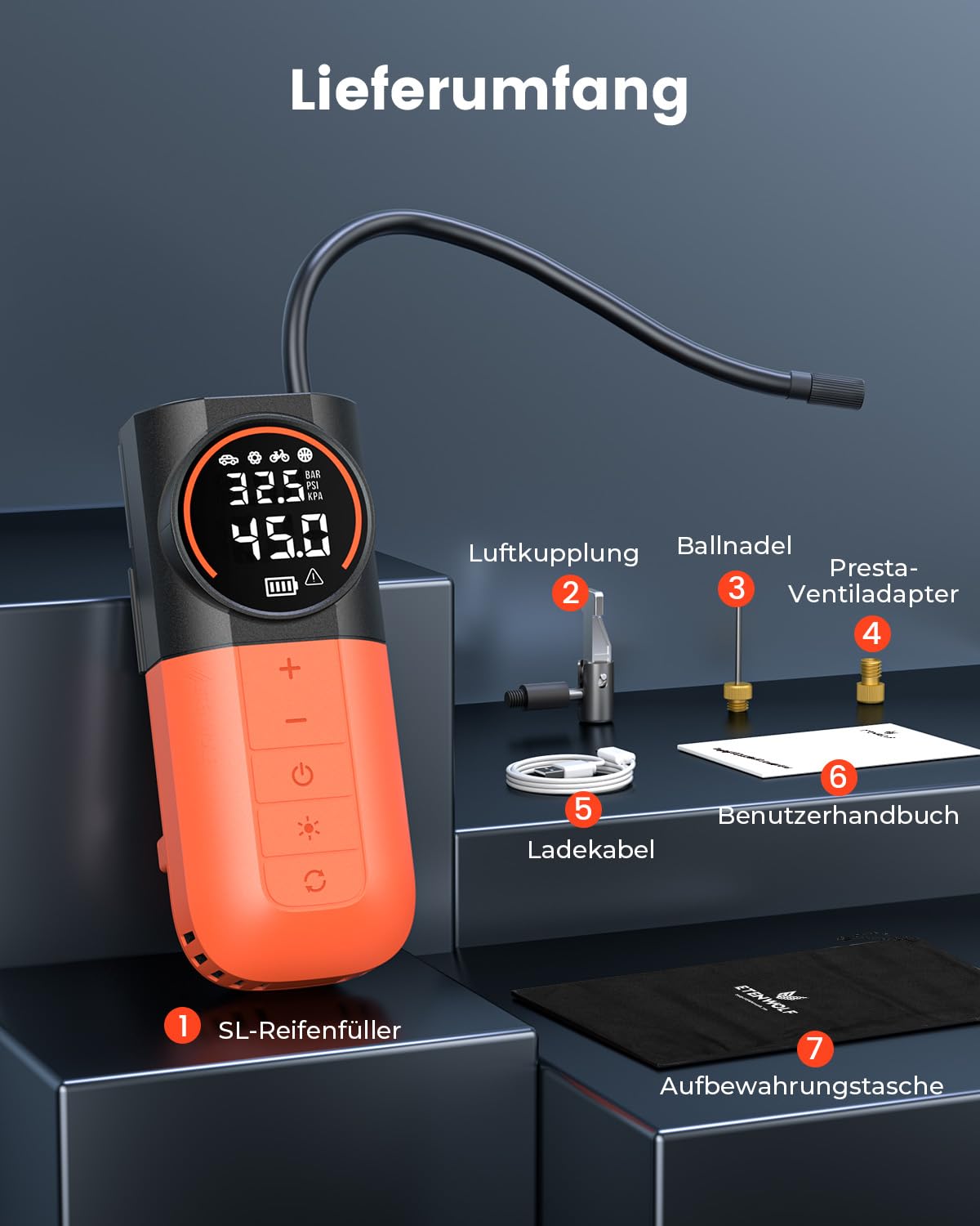 ETENWOLF S1 Elektrische Luftpumpe, 11 Bar Luftkompressor für Autoreifen, Fahrrad, Bälle, Motorrad, Schnell-Inflation Reifenpumpe, Akku Luftpumpe mit LED Licht & Digitalem Manometer