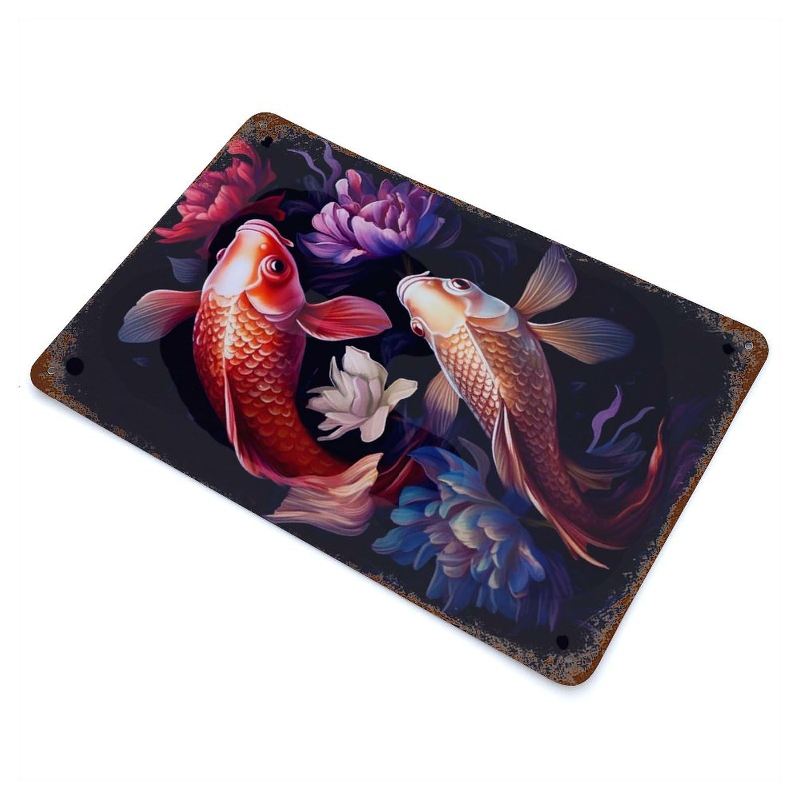 Rust Effect Koi Fish Rusty Metal Tin Sign 11.8"x7.9", Old School Wall Decor for Cafe, Home Bar And Lounge Decor