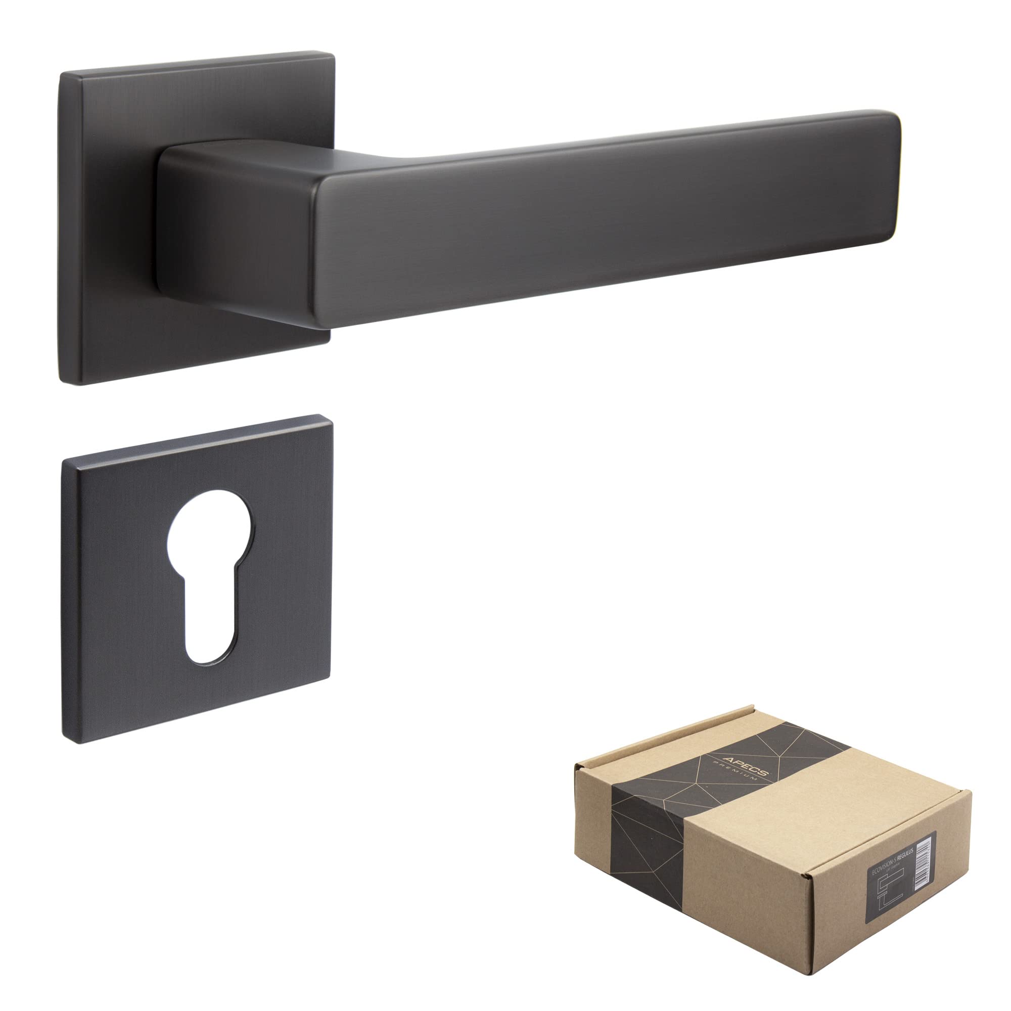 APECS Maniglia per porte interne, moderna, per porta interna, con rosette quadrate, colore grafite opaco, con materiale di fissaggio, per porta, modello Regulus PZ – Cilindro profilato