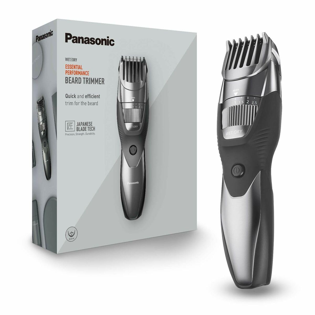 Panasonic ER-GB44-H503 Tondeuse à barbe WET&DRY pour homme avec peigne-guide, sélecteur de réglage rapide, rechargeable, acier inoxydable, longue durée de vie, lavable, 20 réglages, couleur argent