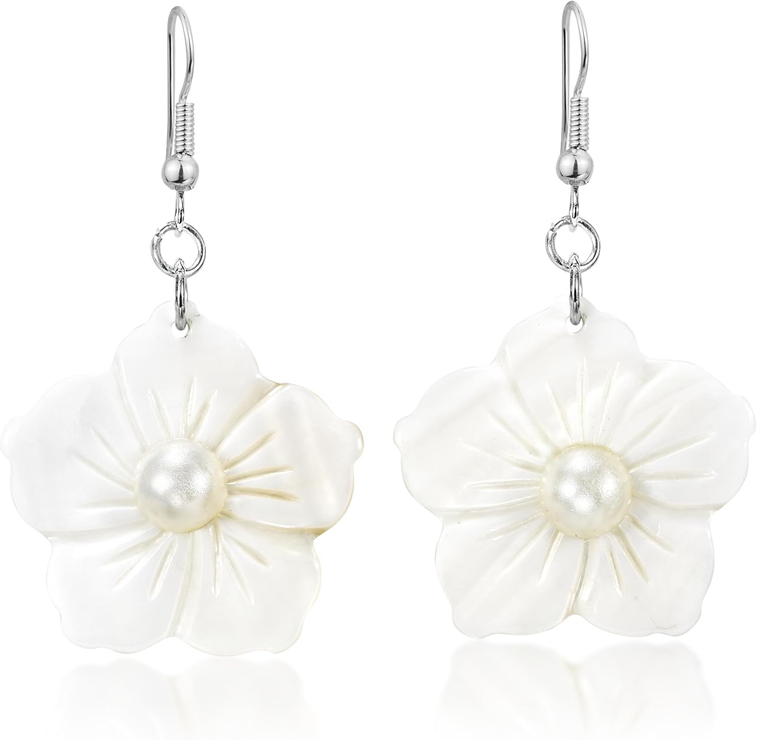 AeraVida 48mm White Mother of Pearl and Faux Pearl Flower Dangle Earrings | Handmade Floral Drop Earrings for Women | Lightweight Elegant Statement Jewelry Gift for Her