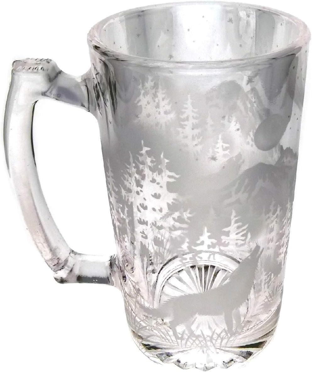 HOMIEBUDS HLXFF3 IncisoArt Hand Etched 25 Ounce Champions Beer Mug Sandblasted (Sand Carved) Handmade Glass Stein (Wolf Moon Forest Mountains)