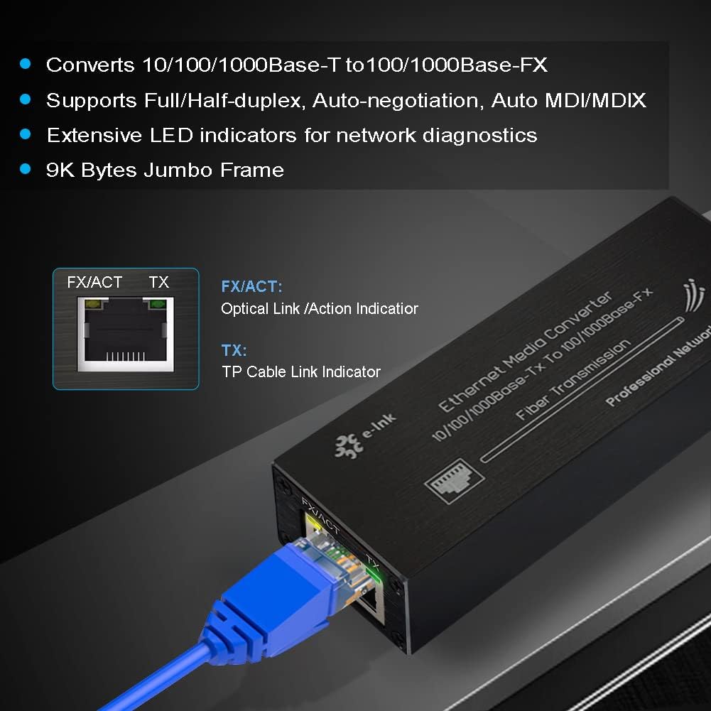 Elenzk Micro Mini Gigabit Fiber Media Converter, 10/100/1000Mbps Ethernet IP Copper to Fiber Converter with 1310/1550nm Single Mode Single Fiber 20km SFP Modules, DC 5V USB Type-C Power Input